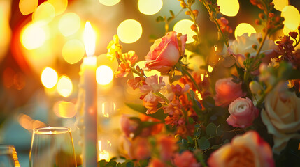Poster - rustic wedding decorations with flowers and candles banquet decor picture with soft focus : Generative AI