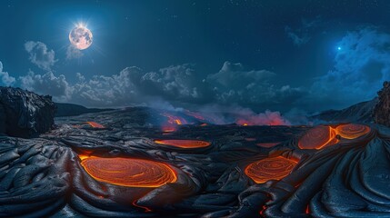 Wall Mural - a panoramic view of a lava field under the bright light of a full moon, highlighting the textures an