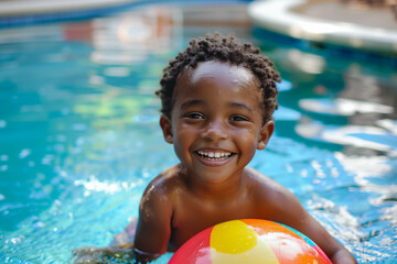 Smiling African American boy playing with colorful beach ball in pool