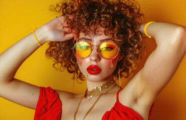 Wall Mural - A close up of a woman with curly hair and yellow glasses posing for the camera, a photo from an ad campaign featuring singer palette