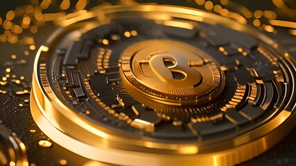 Poster - Golden Bitcoin Symbol on Circuit Board Generative AI
