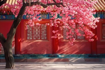 Wall Mural - Red palace walls, pink flowers