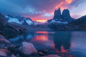 In the evening, the red sunset shines on the snow capped mountains and the reflection on the lake surface