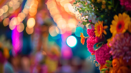 Aufkleber - Selective focus on the colorful stage decoration with bright shade of color for bride and groom in the sangeet night of traditional indian wedding party celebration with blurry foregro : Generative AI