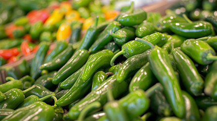 Sticker - Fresh green poblano peppers filling up produce display at local farmers market