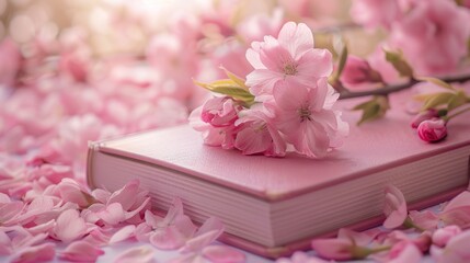 Wall Mural - A pink book with pink flowers on it. Generate AI image