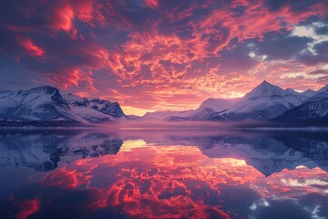 In the evening, the red sunset shines on the snow capped mountains and the reflection on the lake surface