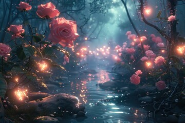 Wall Mural - The night lights illuminate the pink roses on the water surface