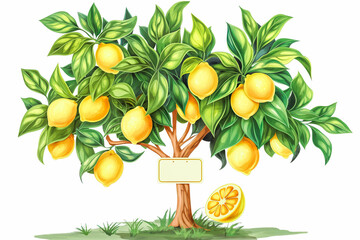 Illustration of lemon tree with blank label on white background