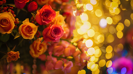 Decoration of flowers at Indian Pakistani Wedding selective focus bokeh lights : Generative AI