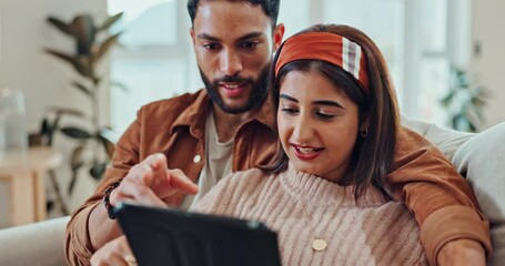 Canvas Print - Couple, tablet and hug on couch for conversation, streaming movie and talking in living room. People, website and subscription on sofa in home, marriage and bonding in apartment on social network