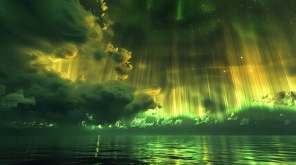 Wall Mural - a spectacle of green and yellow aurora-like clouds above a silent sea, the natural lights creating a