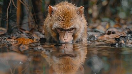 Wall Mural - Rhesus macaque (Macaca mulatta) or Indian Monkey tring to drink water from dry water tab in the forest.  