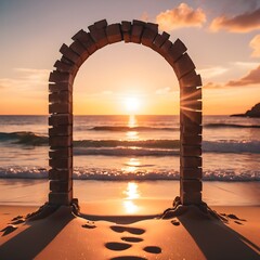 Wall Mural - a portal to a beautiful beach with a sunset that looks so beautiful