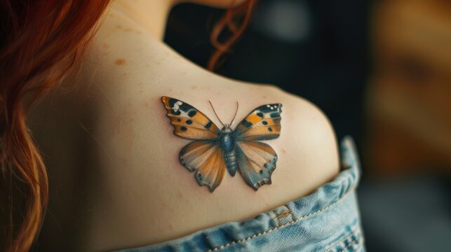 A woman has a butterfly tattoo on her shoulder. Generate AI image