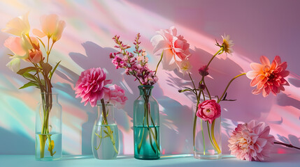 Poster - Beautiful flowers in glass vases on pastel sunlit background with shadows Nature concept Minimal style Selective focus : Generative AI
