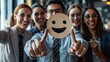 © BOONJUNG - Celebrating exceptional service satisfaction, Business people pointing at happy smiley face on virtual screen