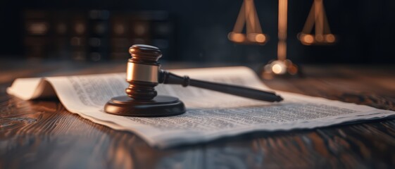 Wooden Gavel on Legal Document with Scales of Justice in Background in Dimly Lit Courtroom