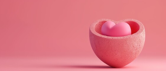 Wall Mural - Heart-Shaped Pink Stone Bowl with Smaller Heart Inside on Pink Background - Symbol of Love and Affection