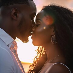 Wall Mural - Black couple sharing a kiss portrait kissing jewelry.