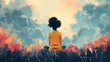 © VRAYVENUS - A woman with afro hair sits in a field of flowers, facing a vibrant sky filled with clouds.
