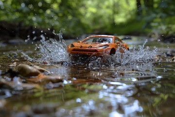 Orange Toy Car Splashing Through Stream