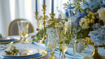 Poster - Elegant and chic wedding table setting in gold and blue colors and fresh flowers Soft selective focus : Generative AI