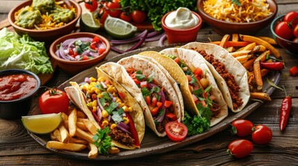 Wall Mural - A plate of four different types of tacos with various toppings. Generate AI image