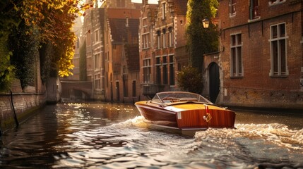 A boat is traveling down a canal in a city. Generate AI image
