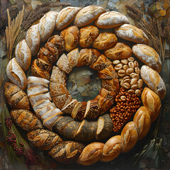 Wall Mural - Closeup art of natural plant grains and bread in a circular arrangement