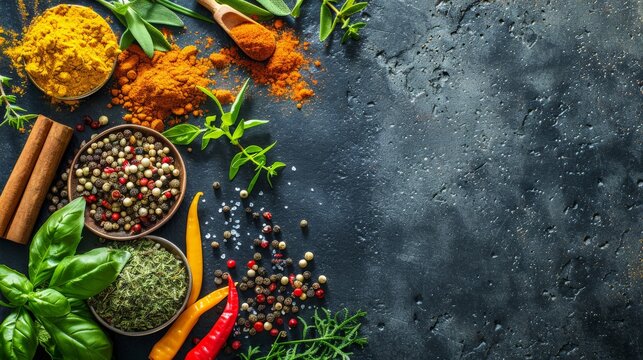 Top view of a colorful assortment of spices and herbs on a dark slate background, perfect for culinary themes with copy space