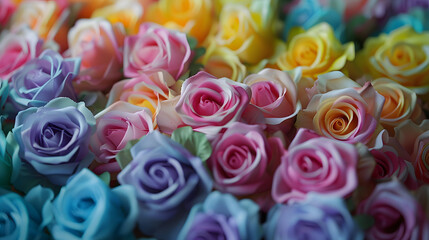 Poster - Selective focus of multi colour of artificial roses flowers backdrop Mixed colourful pattern texture of flora Can be used as background for display or montage products Abstract nature  : Generative AI