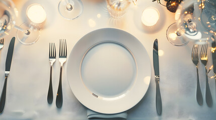 Poster - Festive wedding birthday party table setting with cutlery and plate Menu mockup Elegant modern restaurant menu template with vertical blank paper card Mediterranean dinner menu design : Generative AI