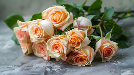 A beautiful bouquet of peach roses in closeup A bouquet of roses is lying on a stone selective focus  Wedding The wedding : Generative AI