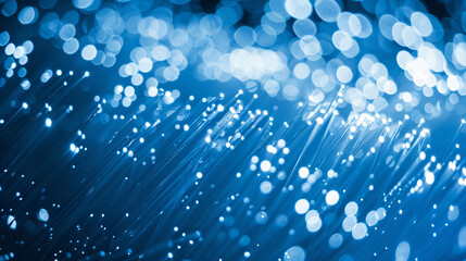 Poster - Abstract blue fiber optic cable with bokeh lights for technology, internet, and communication with copy space text