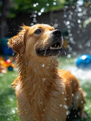 Wall Mural - A happy dog having fun playing in water in the backyard on a hot summer day. 