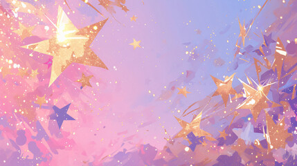 Poster - Abstract pink and purple background with gold stars for design, texture, and art with copy space text