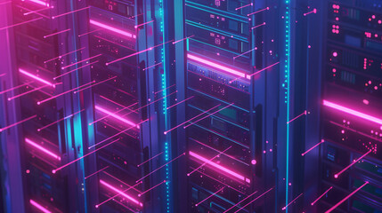 Poster - Abstract futuristic server room with glowing pink and blue lines for technology, data, and network with copy space text