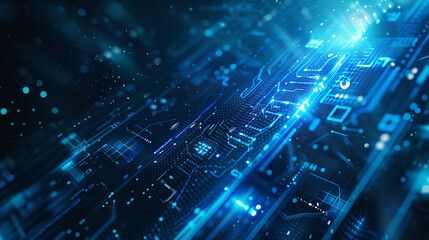 Poster - Abstract blue digital circuit board for technology, data, and network with copy space text