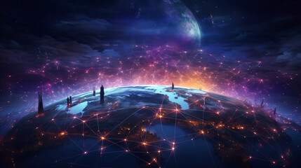 Poster - Abstract digital network connection with glowing lines and earth globe for technology, internet, and global communication with copy space text