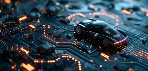 Poster - Black sports car on a circuit board with copy space text for technology, innovation, and automotive