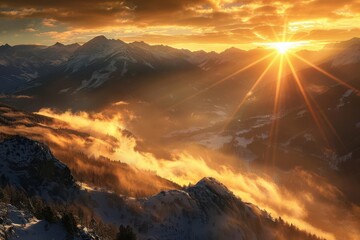 Wall Mural - majestic mountain sunrise golden sunbeams piercing through misty valleys snowcapped peaks bathed in warm light dramatic landscape with rich colors and textures