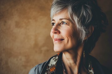 Wall Mural - Portrait of a beautiful senior woman with short gray hair and brown eyes.