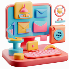 Poster - Colorful 3D computer with icons for technology, social media, and business with copy space text