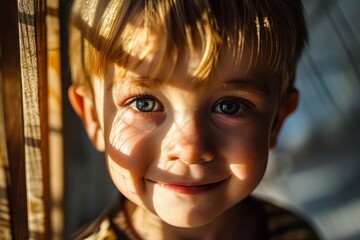 Wall Mural - Portrait of a little boy in the rays of the sun.