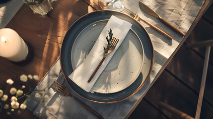 Poster - Festive wedding birthday party table setting with cutlery and plate Menu mockup Elegant modern restaurant menu template with vertical blank paper card Mediterranean dinner menu design : Generative AI