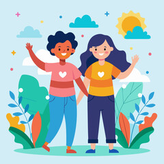 Vector illustration of two friends celebrating Friendship Day on July 30th. Two smiling people with their hands clasped together, surrounded by natural elements like trees and clouds
