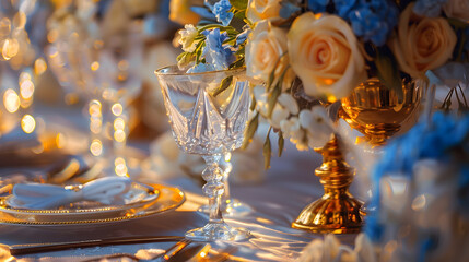 Poster - Elegant and chic wedding table setting in gold and blue colors and fresh flowers Soft selective focus : Generative AI