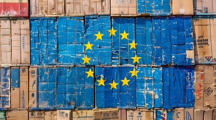 EU Flag Painted on Stacked Cardboard Boxes in Warehouse Setting