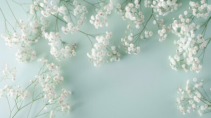 Poster - feminine wedding desktop with babys breath Gypsophila flowers on pale green background Empty space Floral frame web banner Top view Picture for blog or social media : Generative AI